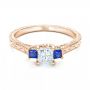 18k Rose Gold 18k Rose Gold Three Stone Blue Sapphire And Diamond Engagement Ring - Flat View -  102020 - Thumbnail