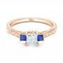 18k Rose Gold 18k Rose Gold Three Stone Blue Sapphire And Diamond Engagement Ring - Flat View -  102020 - Thumbnail