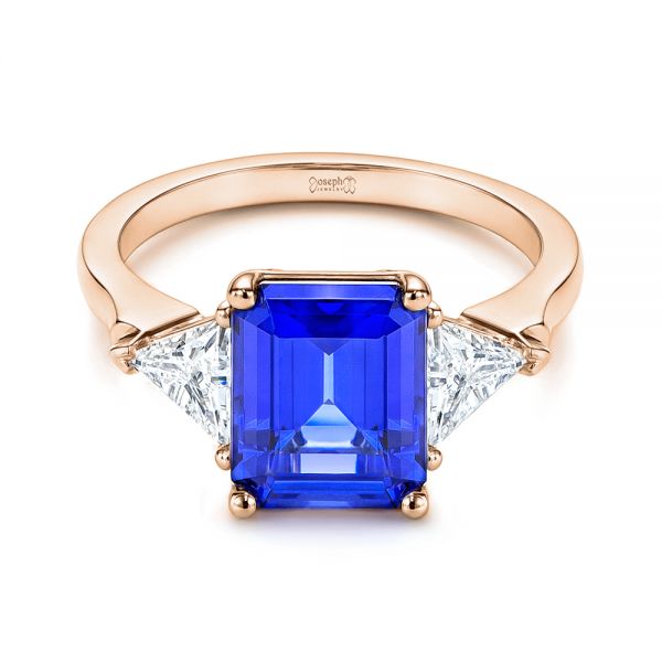 18k Rose Gold 18k Rose Gold Three Stone Blue Sapphire And Diamond Engagement Ring - Flat View -  106643