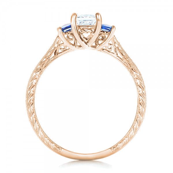18k Rose Gold 18k Rose Gold Three Stone Blue Sapphire And Diamond Engagement Ring - Front View -  102020
