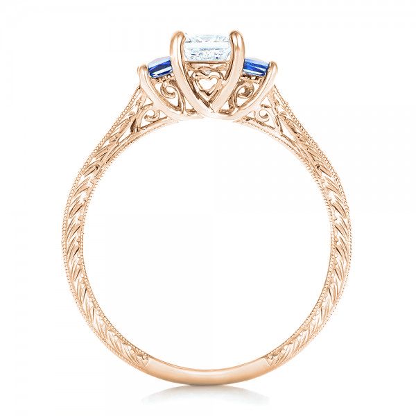18k Rose Gold 18k Rose Gold Three Stone Blue Sapphire And Diamond Engagement Ring - Front View - 102020