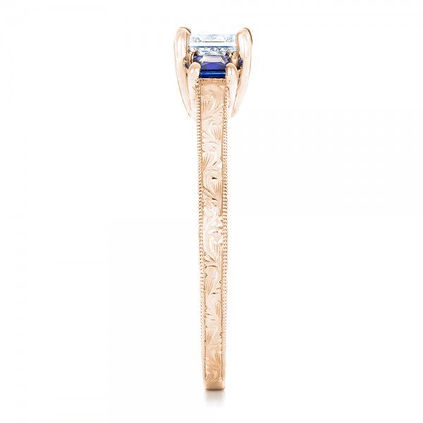 14k Rose Gold 14k Rose Gold Three Stone Blue Sapphire And Diamond Engagement Ring - Side View -  102020