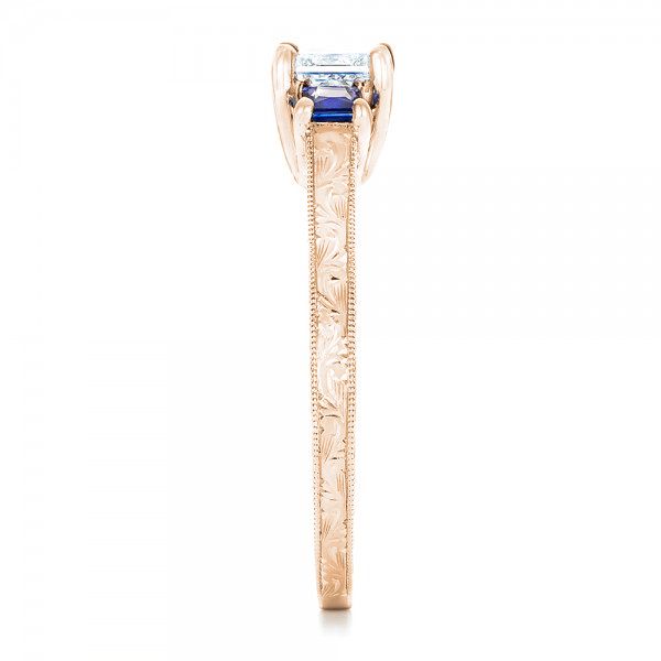 18k Rose Gold 18k Rose Gold Three Stone Blue Sapphire And Diamond Engagement Ring - Side View - 102020