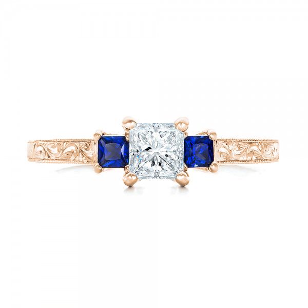14k Rose Gold 14k Rose Gold Three Stone Blue Sapphire And Diamond Engagement Ring - Top View -  102020
