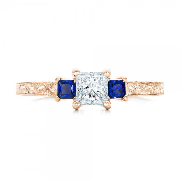 18k Rose Gold 18k Rose Gold Three Stone Blue Sapphire And Diamond Engagement Ring - Top View - 102020