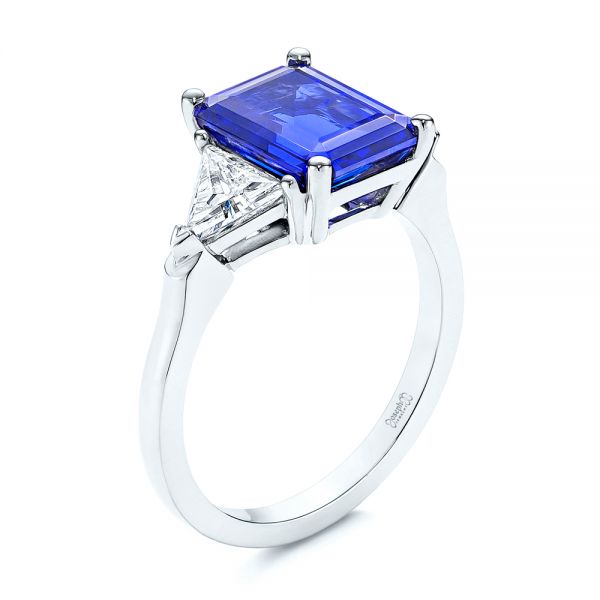 18k White Gold 18k White Gold Three Stone Blue Sapphire And Diamond Engagement Ring - Three-Quarter View -  106643