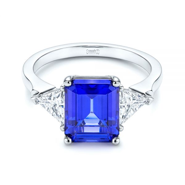 18k White Gold 18k White Gold Three Stone Blue Sapphire And Diamond Engagement Ring - Flat View -  106643