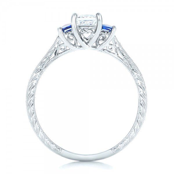 18k White Gold 18k White Gold Three Stone Blue Sapphire And Diamond Engagement Ring - Front View -  102020