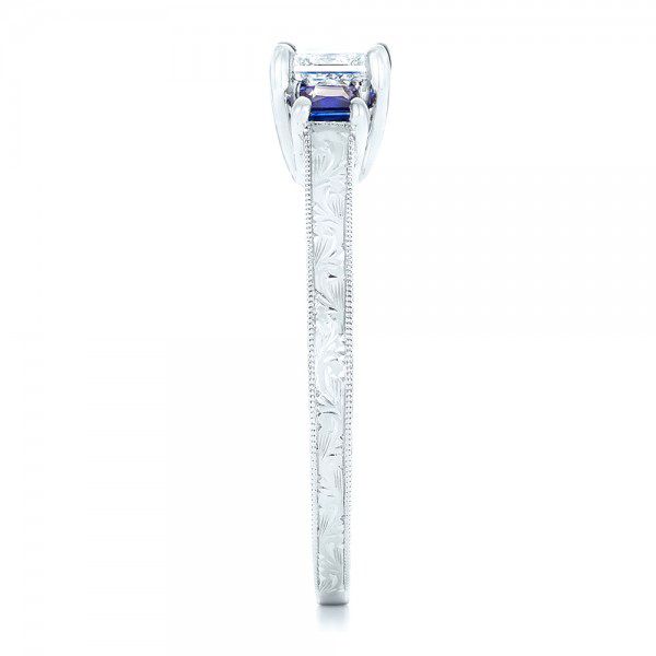 14k White Gold Three Stone Blue Sapphire And Diamond Engagement Ring - Side View - 102020