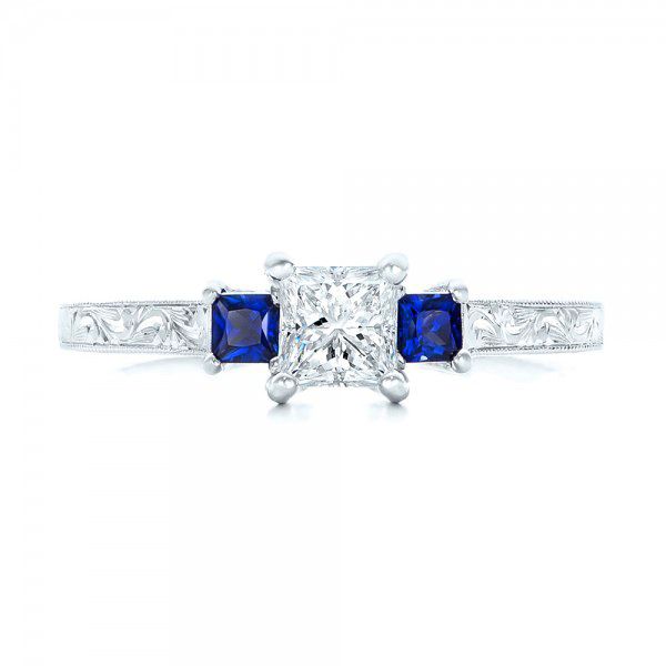 14k White Gold Three Stone Blue Sapphire And Diamond Engagement Ring - Top View - 102020