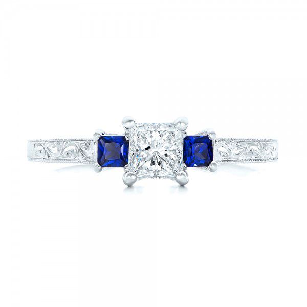 18k White Gold 18k White Gold Three Stone Blue Sapphire And Diamond Engagement Ring - Top View -  102020