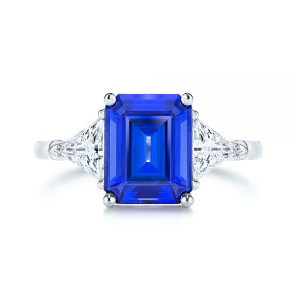 18k White Gold 18k White Gold Three Stone Blue Sapphire And Diamond Engagement Ring - Top View -  106643