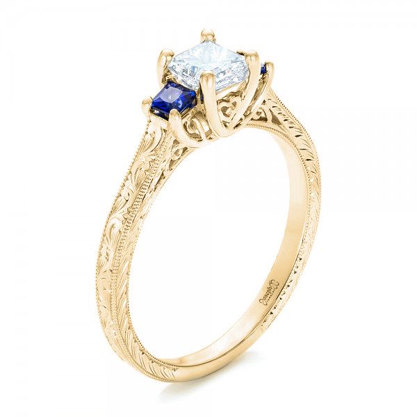 14k Yellow Gold 14k Yellow Gold Three Stone Blue Sapphire And Diamond Engagement Ring - Three-Quarter View -  102020
