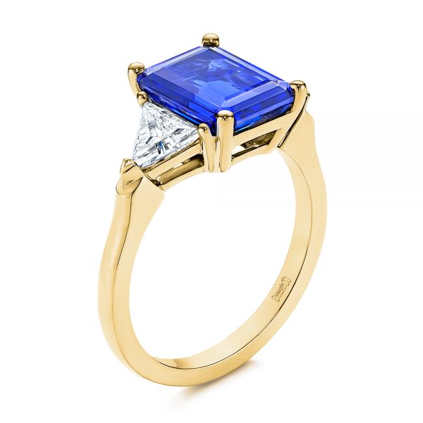 14k Yellow Gold 14k Yellow Gold Three Stone Blue Sapphire And Diamond Engagement Ring - Three-Quarter View -  106643