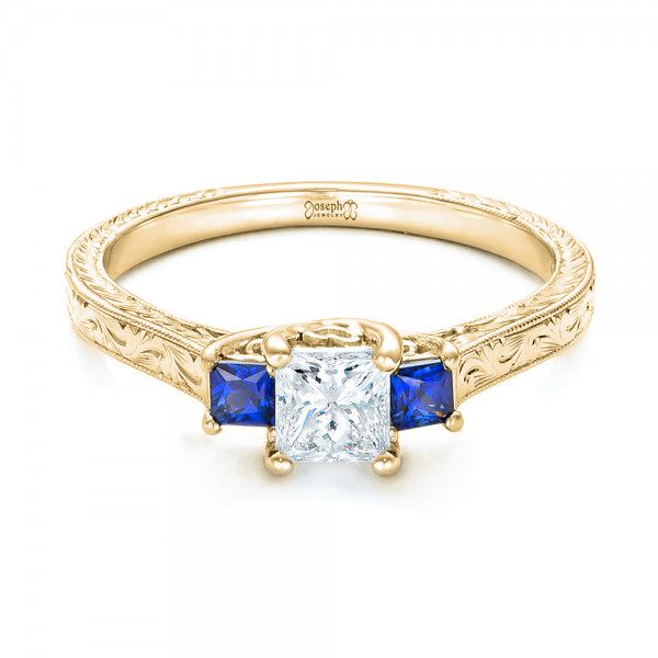 18k Yellow Gold 18k Yellow Gold Three Stone Blue Sapphire And Diamond Engagement Ring - Flat View -  102020