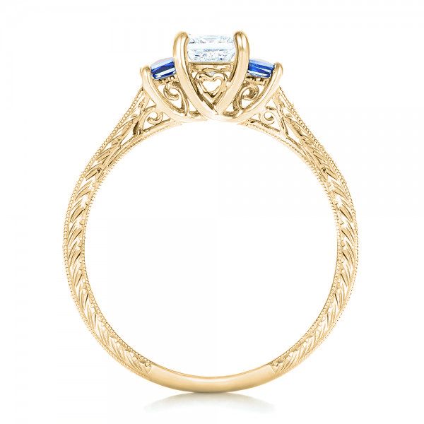 18k Yellow Gold 18k Yellow Gold Three Stone Blue Sapphire And Diamond Engagement Ring - Front View -  102020