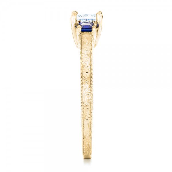 14k Yellow Gold 14k Yellow Gold Three Stone Blue Sapphire And Diamond Engagement Ring - Side View -  102020