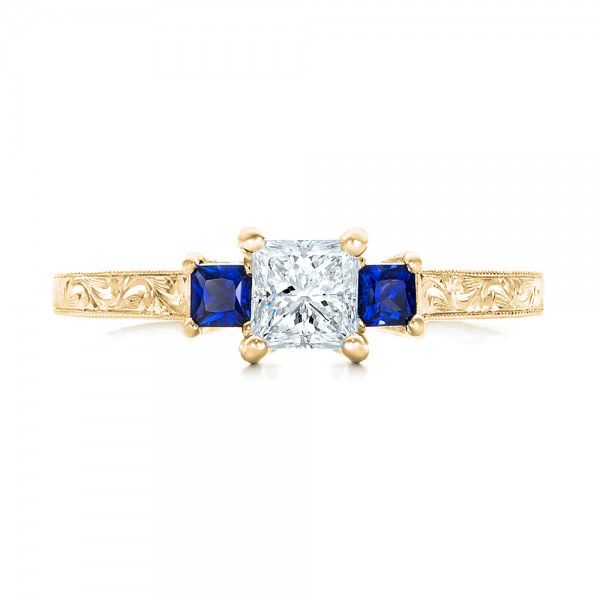 14k Yellow Gold 14k Yellow Gold Three Stone Blue Sapphire And Diamond Engagement Ring - Top View -  102020