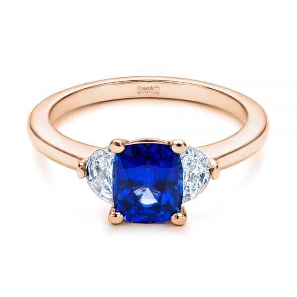 18k Rose Gold 18k Rose Gold Three Stone Blue Sapphire And Half Moon Diamond Engagement Ring - Flat View -  105829