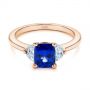 18k Rose Gold 18k Rose Gold Three Stone Blue Sapphire And Half Moon Diamond Engagement Ring - Flat View -  105829 - Thumbnail