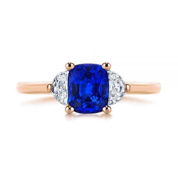 18k Rose Gold 18k Rose Gold Three Stone Blue Sapphire And Half Moon Diamond Engagement Ring - Top View -  105829
