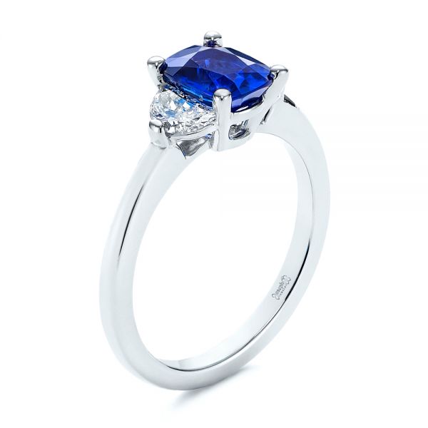 Three Stone Blue Sapphire and Half Moon Diamond Engagement Ring - Image