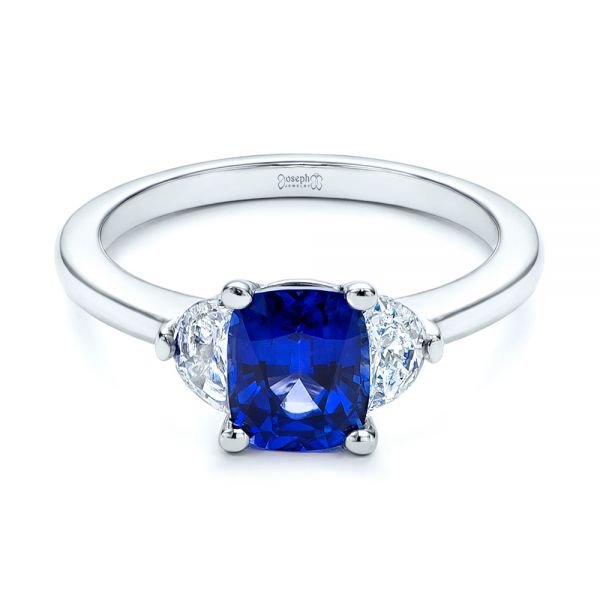  Platinum Three Stone Blue Sapphire And Half Moon Diamond Engagement Ring - Flat View -  105829