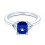 14k White Gold 14k White Gold Three Stone Blue Sapphire And Half Moon Diamond Engagement Ring - Flat View -  105829 - Thumbnail