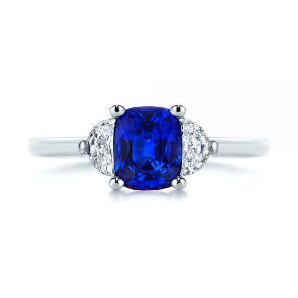 18k White Gold 18k White Gold Three Stone Blue Sapphire And Half Moon Diamond Engagement Ring - Top View -  105829