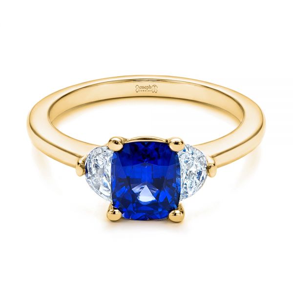 18k Yellow Gold 18k Yellow Gold Three Stone Blue Sapphire And Half Moon Diamond Engagement Ring - Flat View -  105829