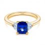 18k Yellow Gold 18k Yellow Gold Three Stone Blue Sapphire And Half Moon Diamond Engagement Ring - Flat View -  105829 - Thumbnail