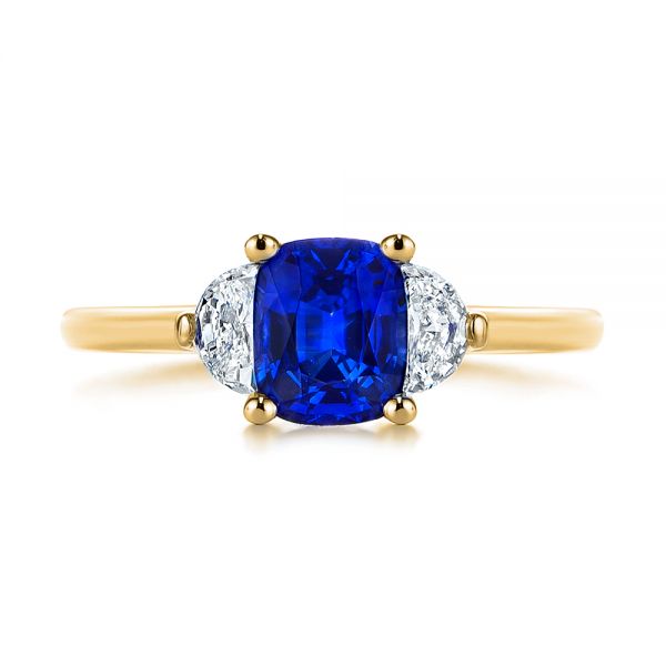 18k Yellow Gold 18k Yellow Gold Three Stone Blue Sapphire And Half Moon Diamond Engagement Ring - Top View -  105829
