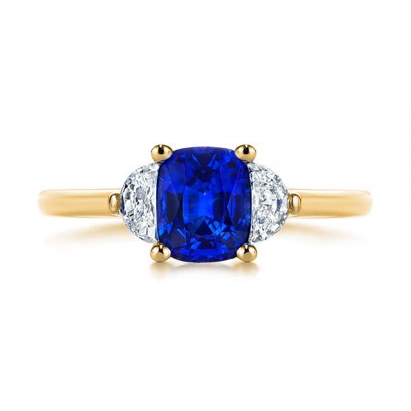 18k Yellow Gold 18k Yellow Gold Three Stone Blue Sapphire And Half Moon Diamond Engagement Ring - Top View - 105829