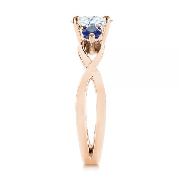 18k Rose Gold 18k Rose Gold Three Stone Blue Sapphire And Moissanite Engagement Ring - Side View -  105201