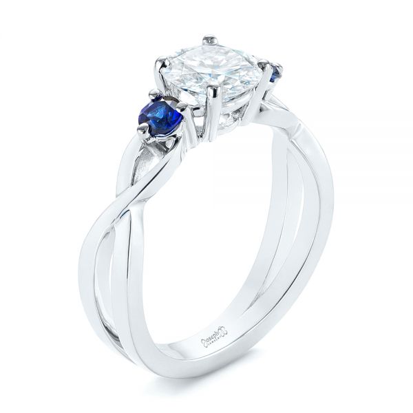14k White Gold Three Stone Blue Sapphire And Moissanite Engagement Ring - Three-Quarter View -  105201