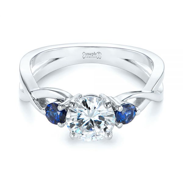 14k White Gold Three Stone Blue Sapphire And Moissanite Engagement Ring - Flat View -  105201