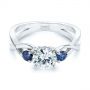 14k White Gold Three Stone Blue Sapphire And Moissanite Engagement Ring - Flat View -  105201 - Thumbnail