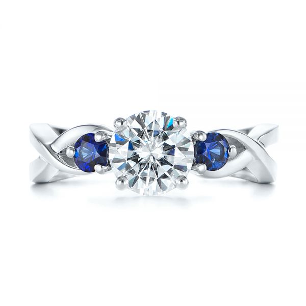 14k White Gold Three Stone Blue Sapphire And Moissanite Engagement Ring - Top View -  105201