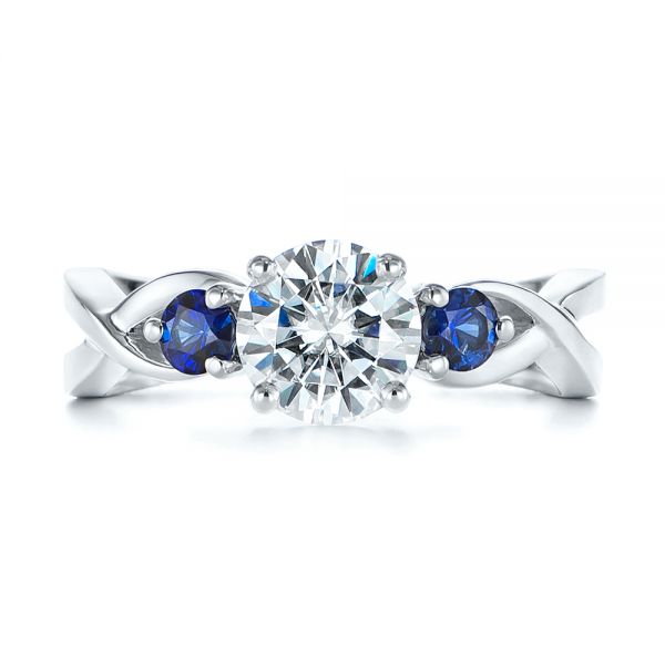 14k White Gold Three Stone Blue Sapphire And Moissanite Engagement Ring - Top View - 105201