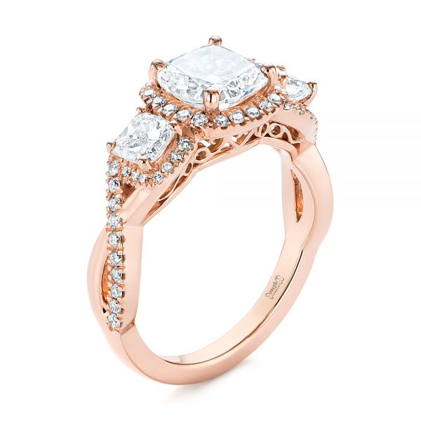 18k Rose Gold 18k Rose Gold Three Stone Cushion Diamond Criss Cross Engagement Ring - Three-Quarter View -  105123