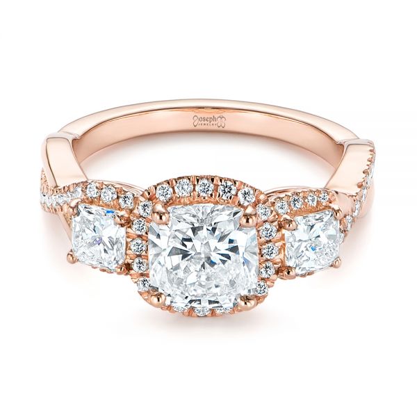 14k Rose Gold Three Stone Cushion Diamond Criss Cross Engagement Ring - Flat View - 105123