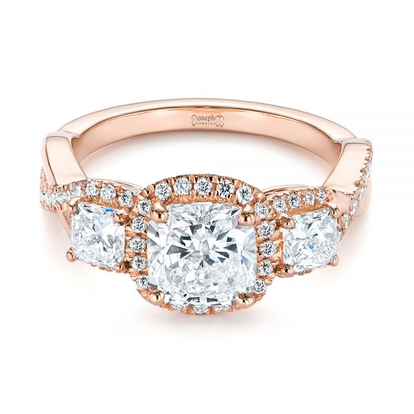 18k Rose Gold 18k Rose Gold Three Stone Cushion Diamond Criss Cross Engagement Ring - Flat View -  105123