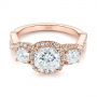 14k Rose Gold Three Stone Cushion Diamond Criss Cross Engagement Ring - Flat View -  105123 - Thumbnail