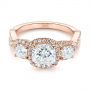 14k Rose Gold Three Stone Cushion Diamond Criss Cross Engagement Ring - Flat View -  105123 - Thumbnail