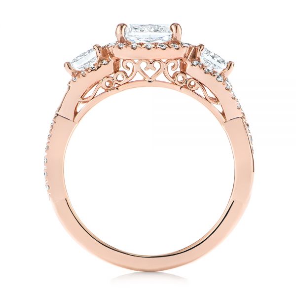 14k Rose Gold Three Stone Cushion Diamond Criss Cross Engagement Ring - Front View - 105123