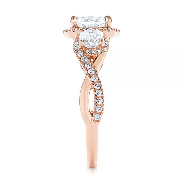 14k Rose Gold Three Stone Cushion Diamond Criss Cross Engagement Ring - Side View - 105123