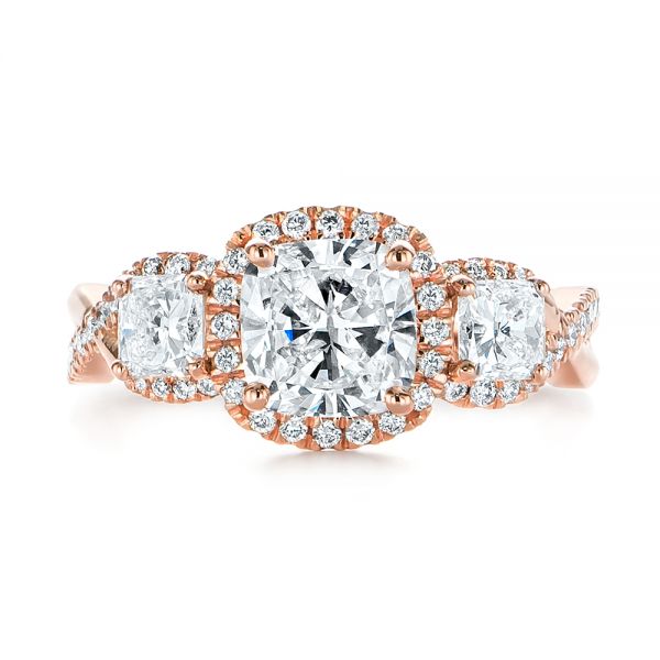 14k Rose Gold Three Stone Cushion Diamond Criss Cross Engagement Ring - Top View - 105123