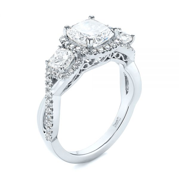 14k White Gold 14k White Gold Three Stone Cushion Diamond Criss Cross Engagement Ring - Three-Quarter View -  105123