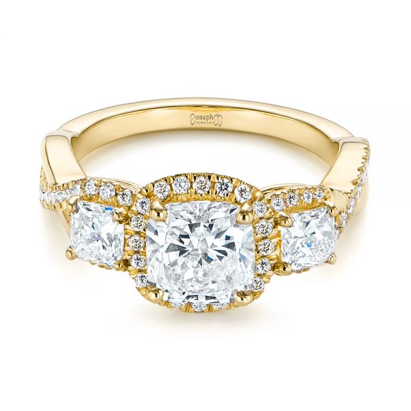 18k Yellow Gold 18k Yellow Gold Three Stone Cushion Diamond Criss Cross Engagement Ring - Flat View - 105123