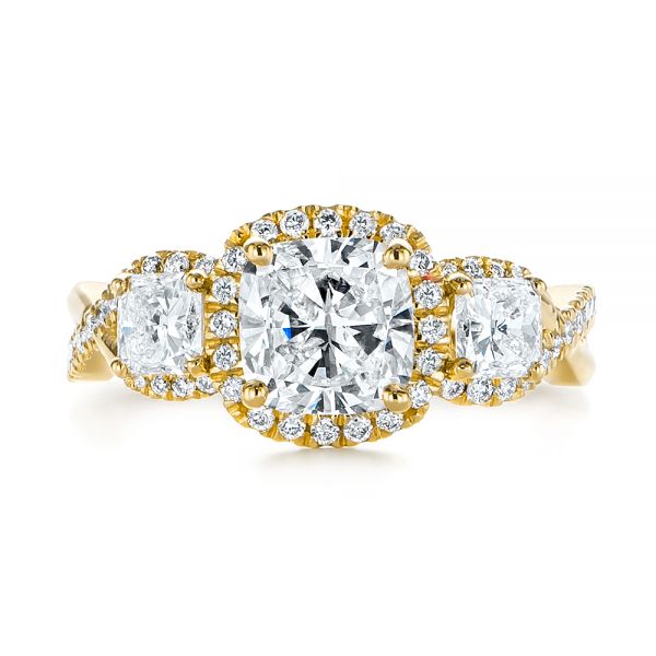 18k Yellow Gold 18k Yellow Gold Three Stone Cushion Diamond Criss Cross Engagement Ring - Top View -  105123